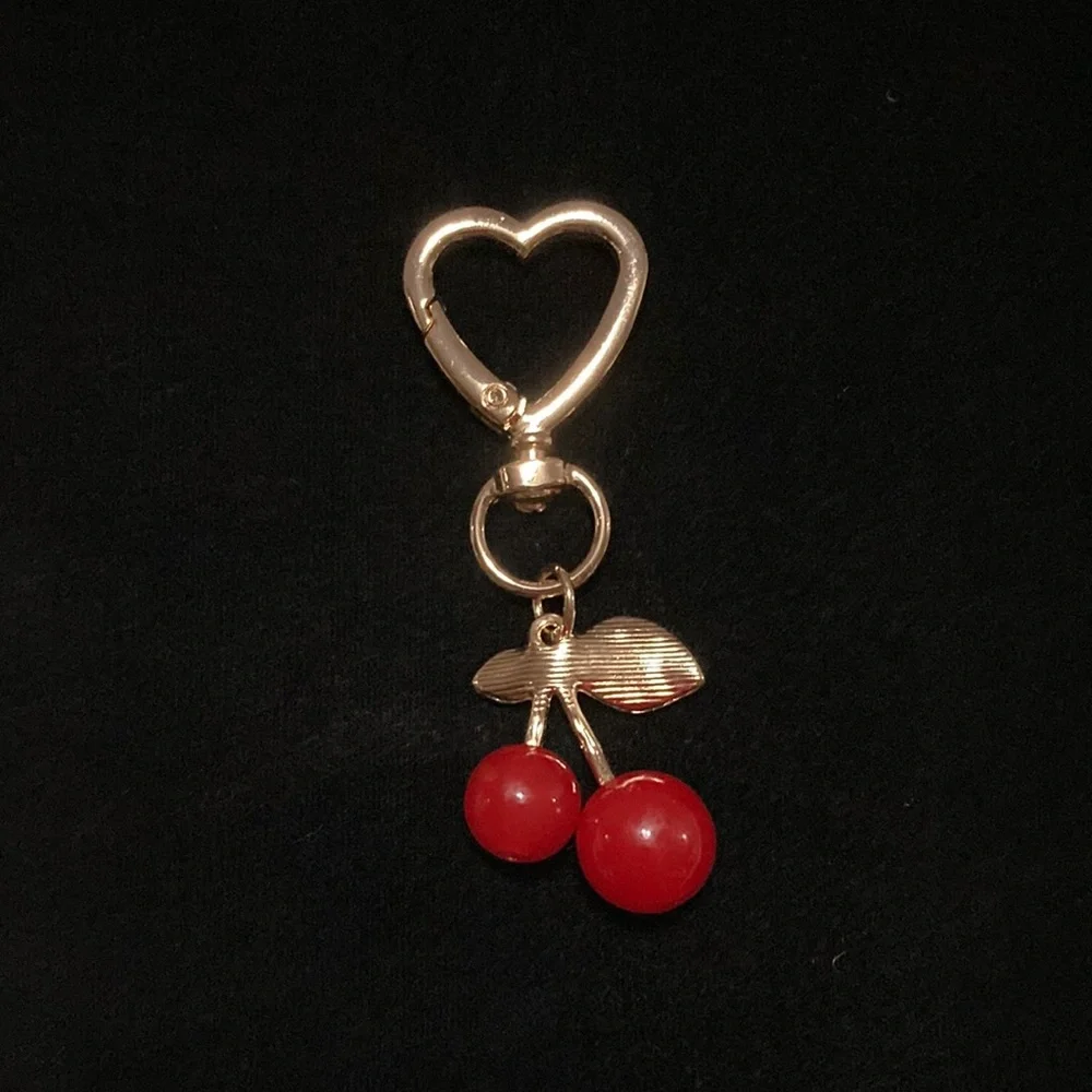 Gold-tone Red Cherry Keychain or Bag Charm on Swivel Heart Clip -New - Picture 2 of 4